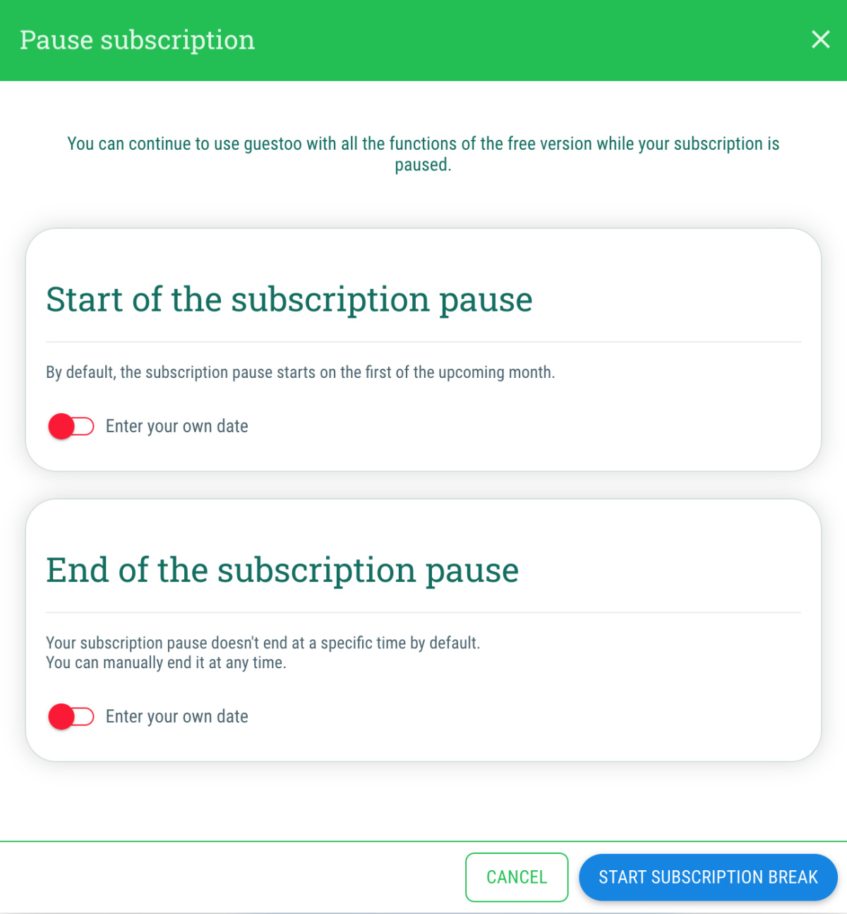 Pause subscription - User menu > Pause subscription