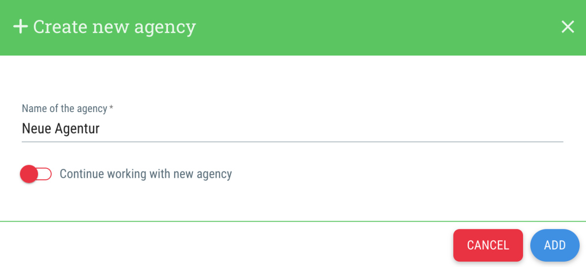 Create another agency - User menu > Create another agency