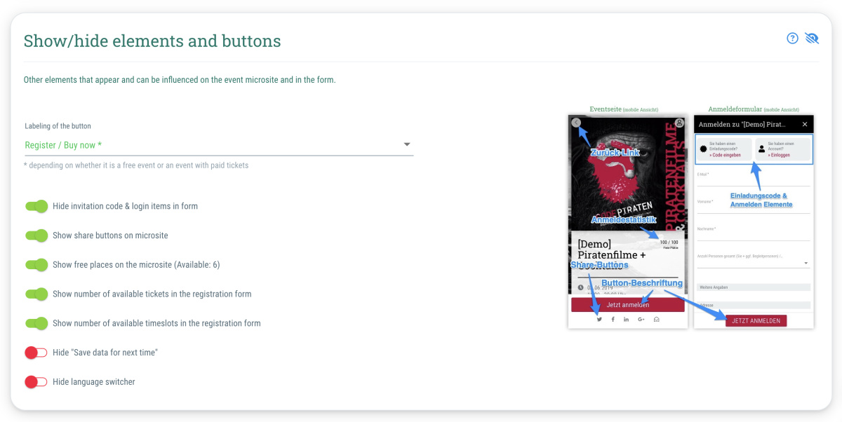 Show/hide elements and buttons - Event > Design > Show/hide elements and buttons