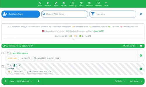Ansicht der Muster-Gäste in der Gästeliste